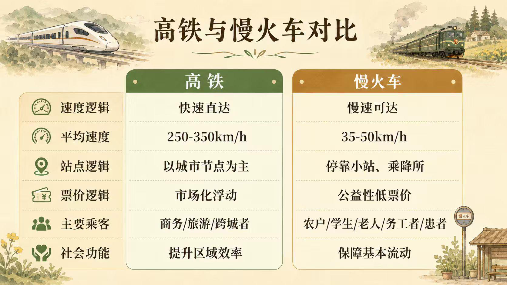 高铁与慢火车速度、票价与停站逻辑对比图